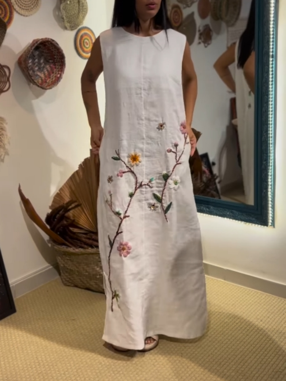 Cotton and linen embroidered shift dress
