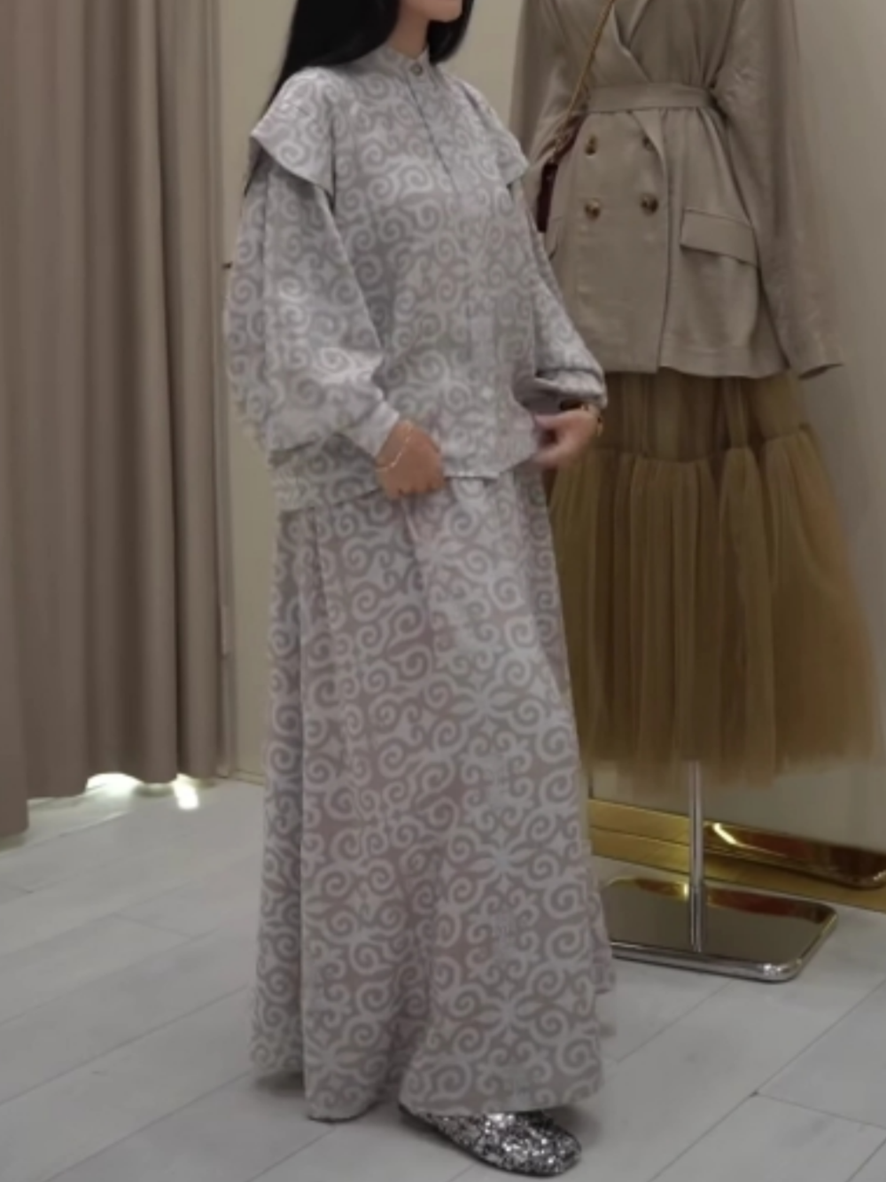 Auspicious Cloud Print Double-Layer Sleeve Skirt Set
