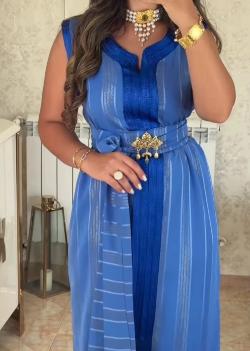 Blue Striped Sleeveless Tie-Waist Maxi Dress