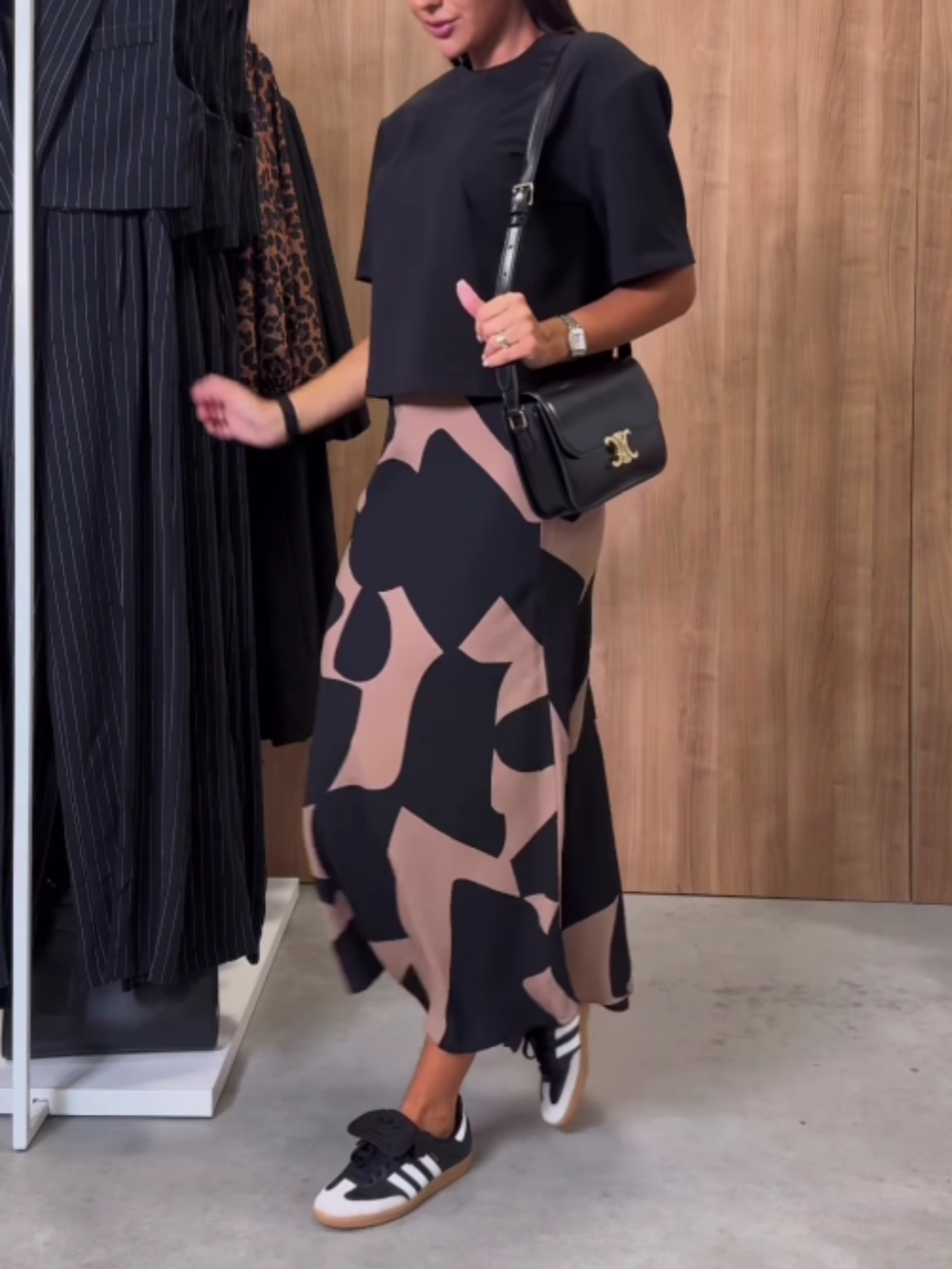 Black T-shirt and irregular printed skirt set