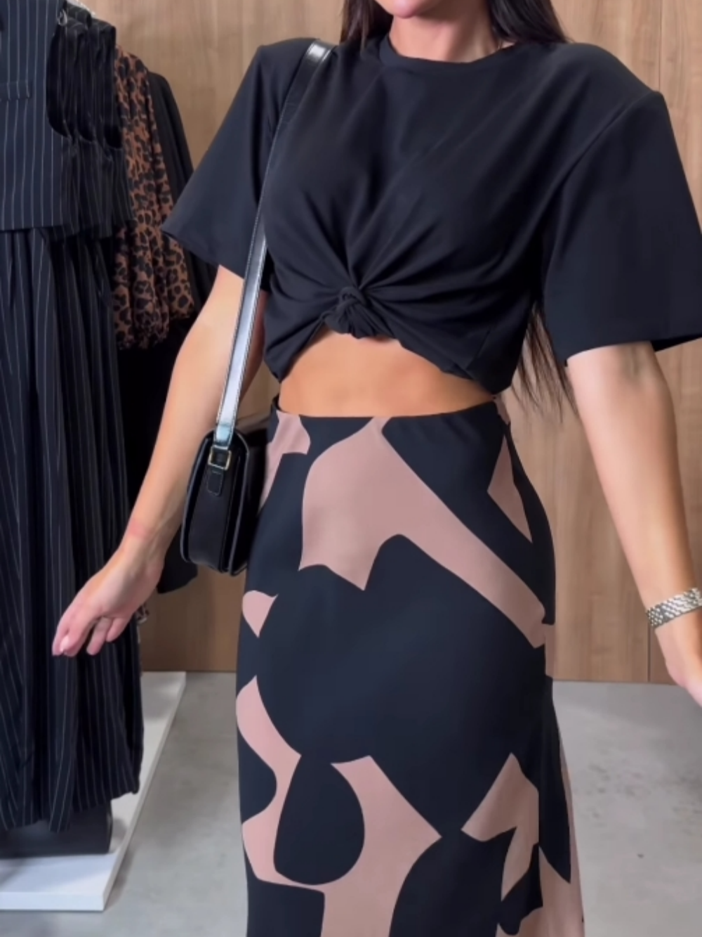 Black T-shirt and irregular printed skirt set