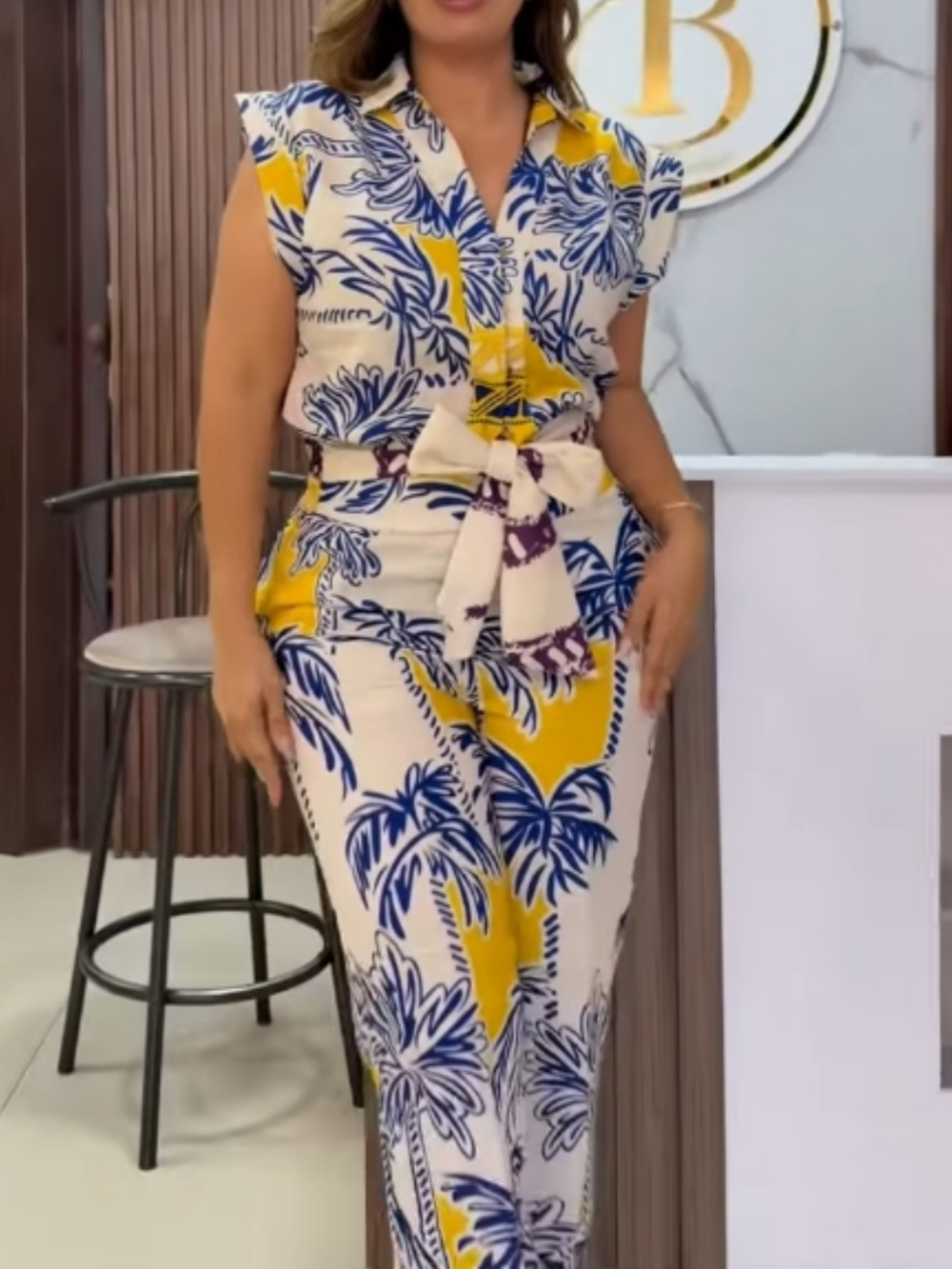 Vacation Palm Tree Print Shirt and Pants Set