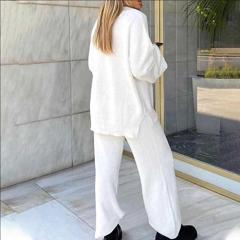 Comfortable Solid Color V-neck Daily Two-piece Set