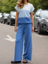Contrast color crew neck sweater wide leg pants suit
