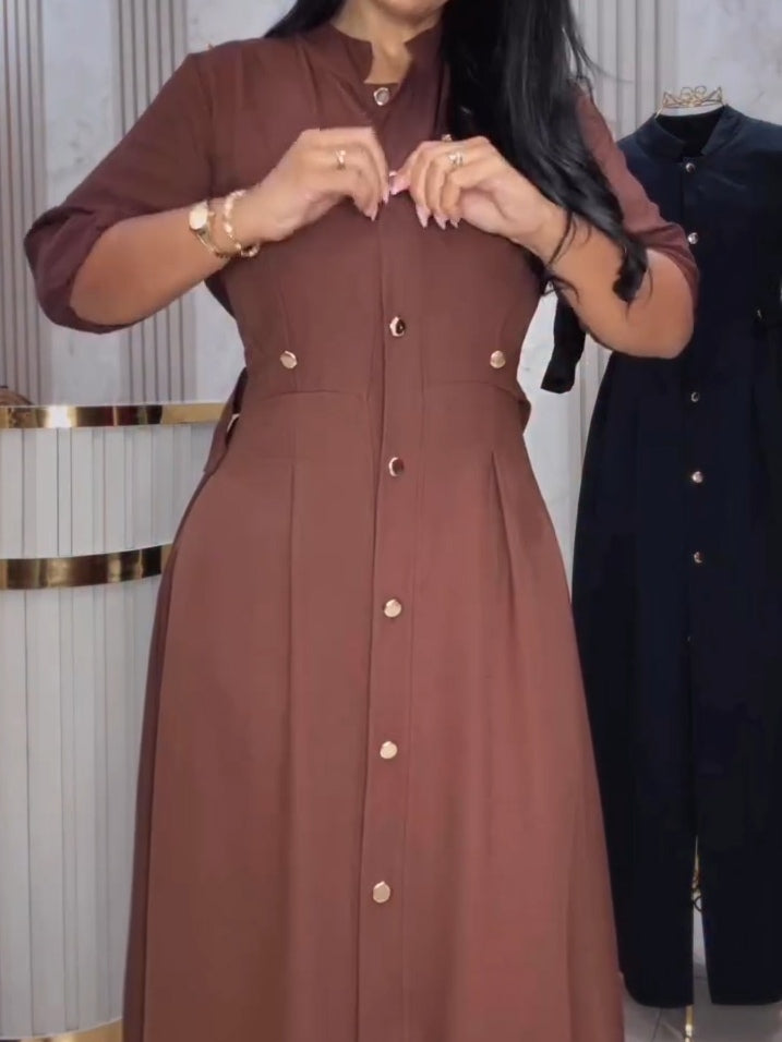 Brown Stand Collar Single-Breasted Dress