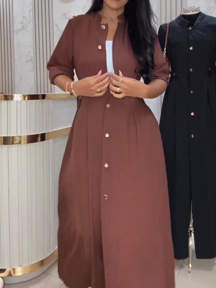 Brown Stand Collar Single-Breasted Dress
