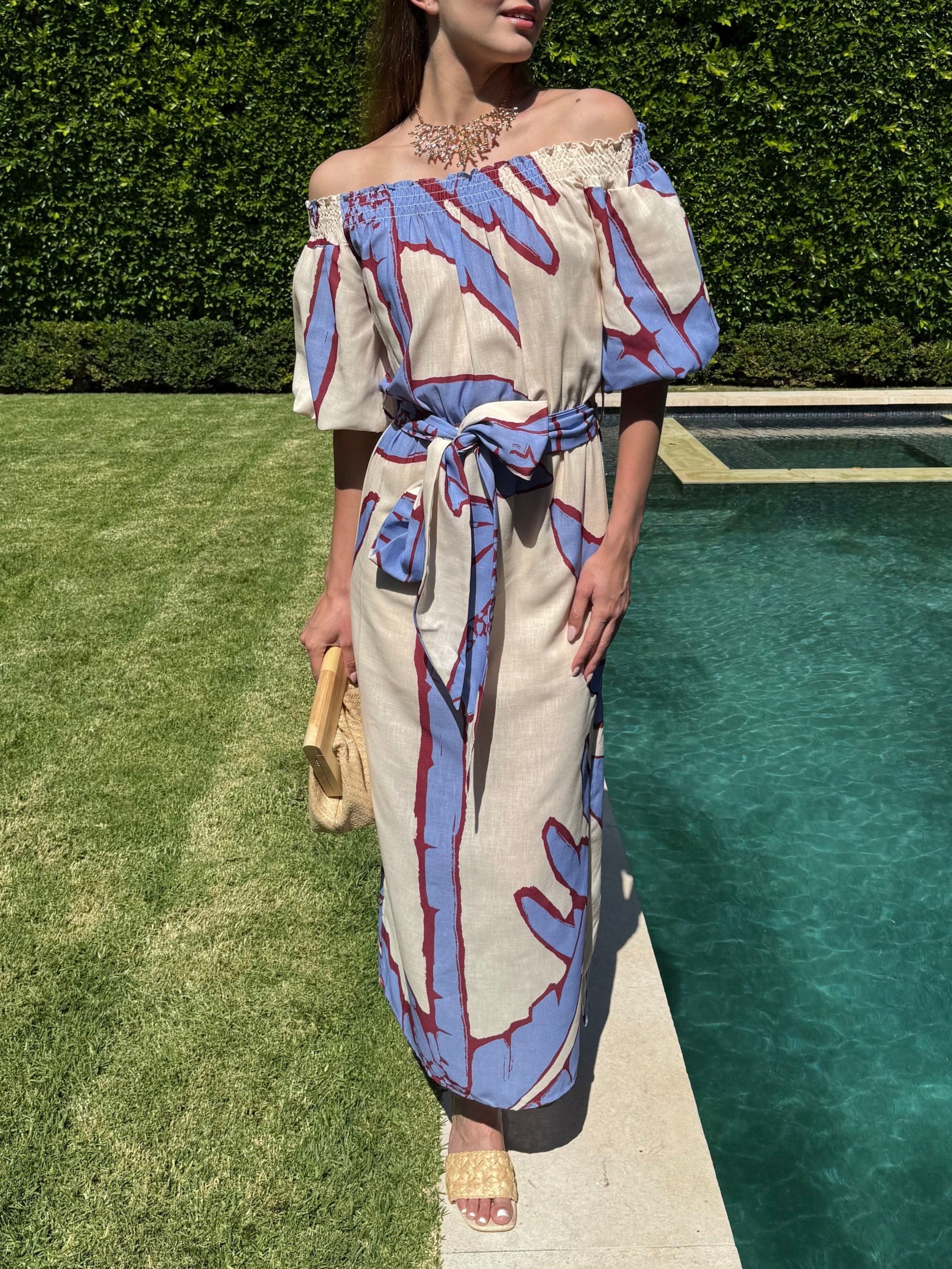 Botanical Print Off-The-Shoulder Tie-Waist Maxi Dress