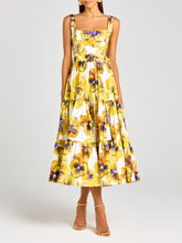 Yellow Pansy Print Square Neck Slip Midi Dress