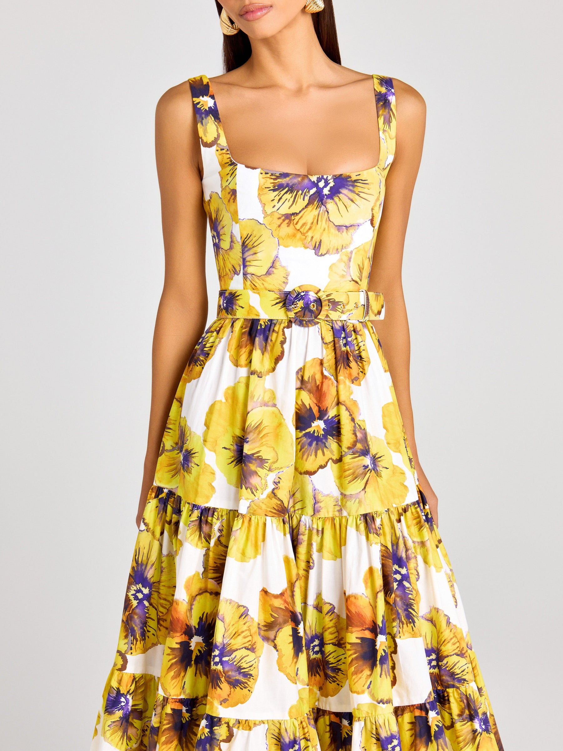 Yellow Pansy Print Square Neck Slip Midi Dress