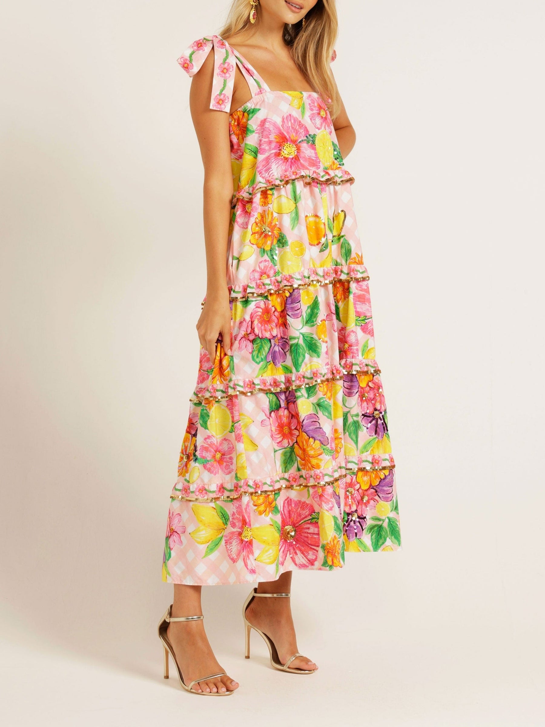 Chic Floral Sequined Square Neck Slip Dress