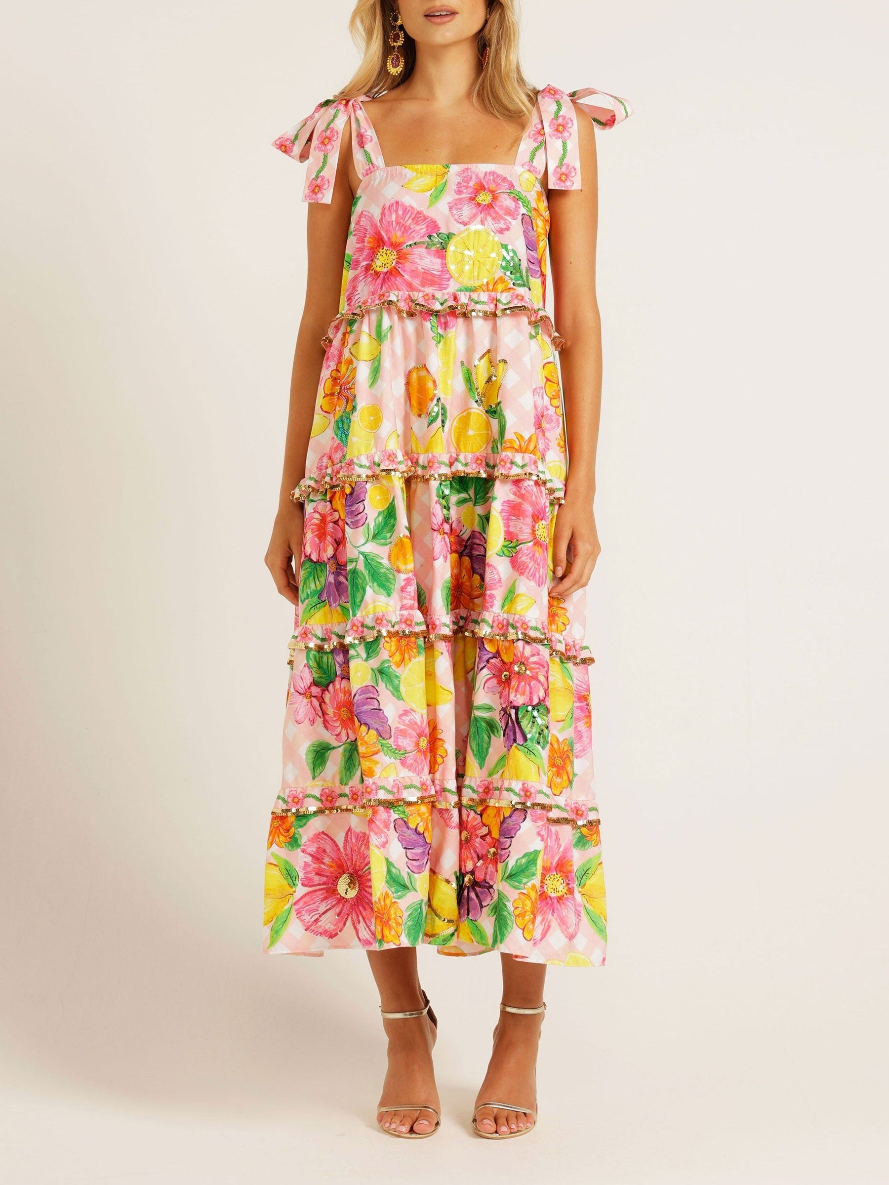 Chic Floral Sequined Square Neck Slip Dress