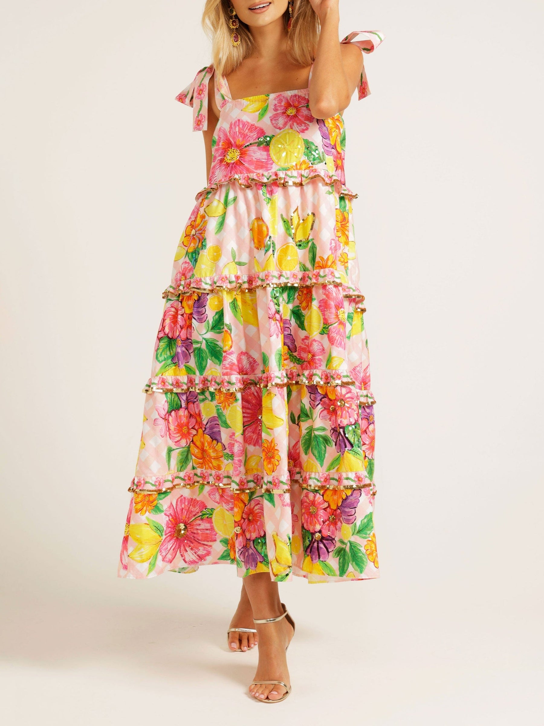 Chic Floral Sequined Square Neck Slip Dress