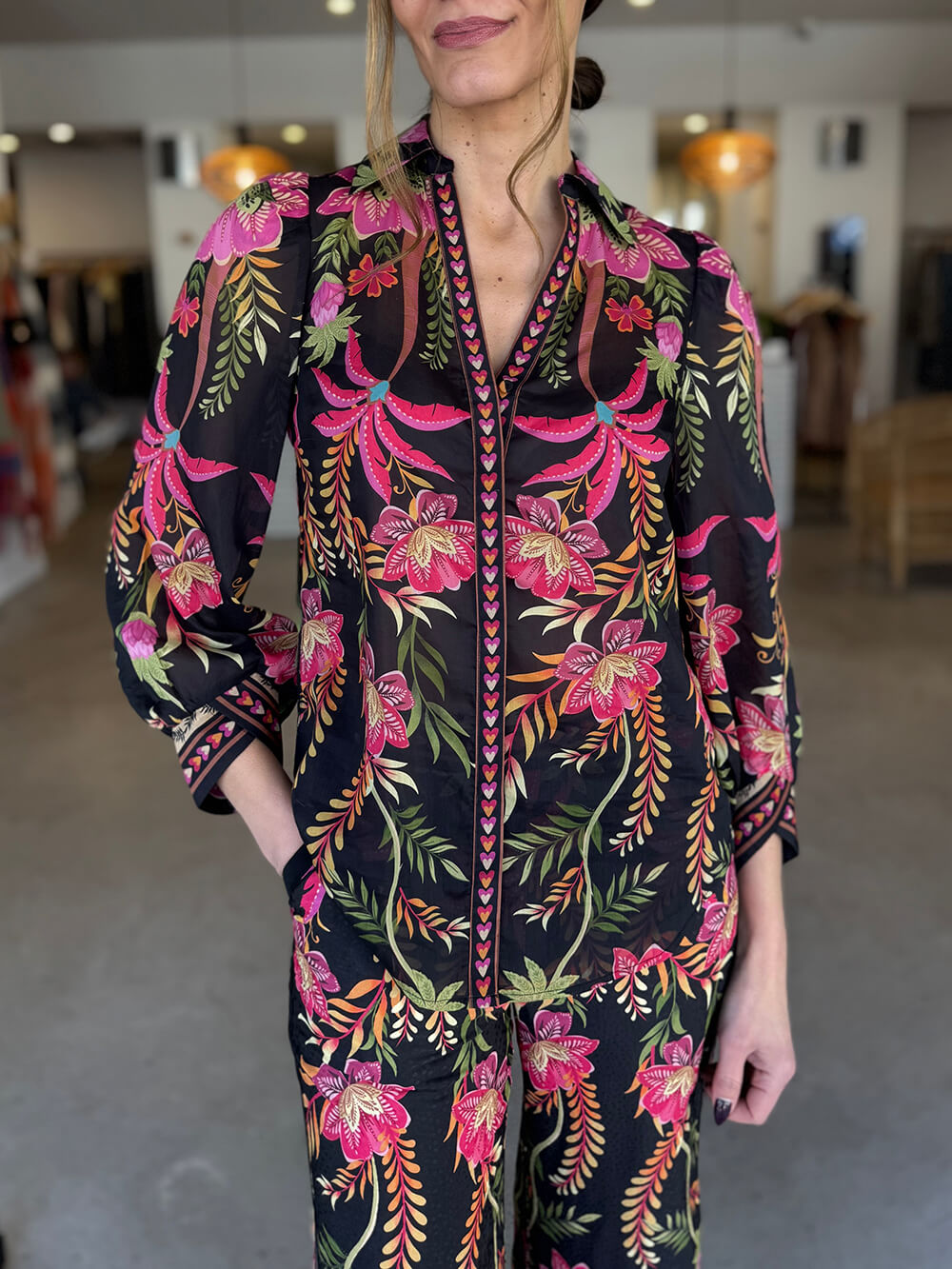 Unique Tropical Botanical Floral Print Elastic Waist Pocket Straight-Leg Pants