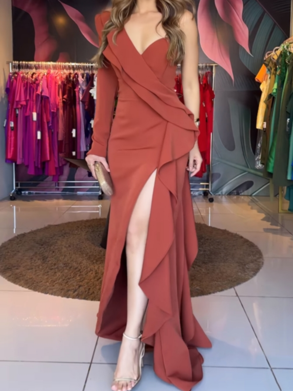 Asymmetric ruffled slit maxi dress
