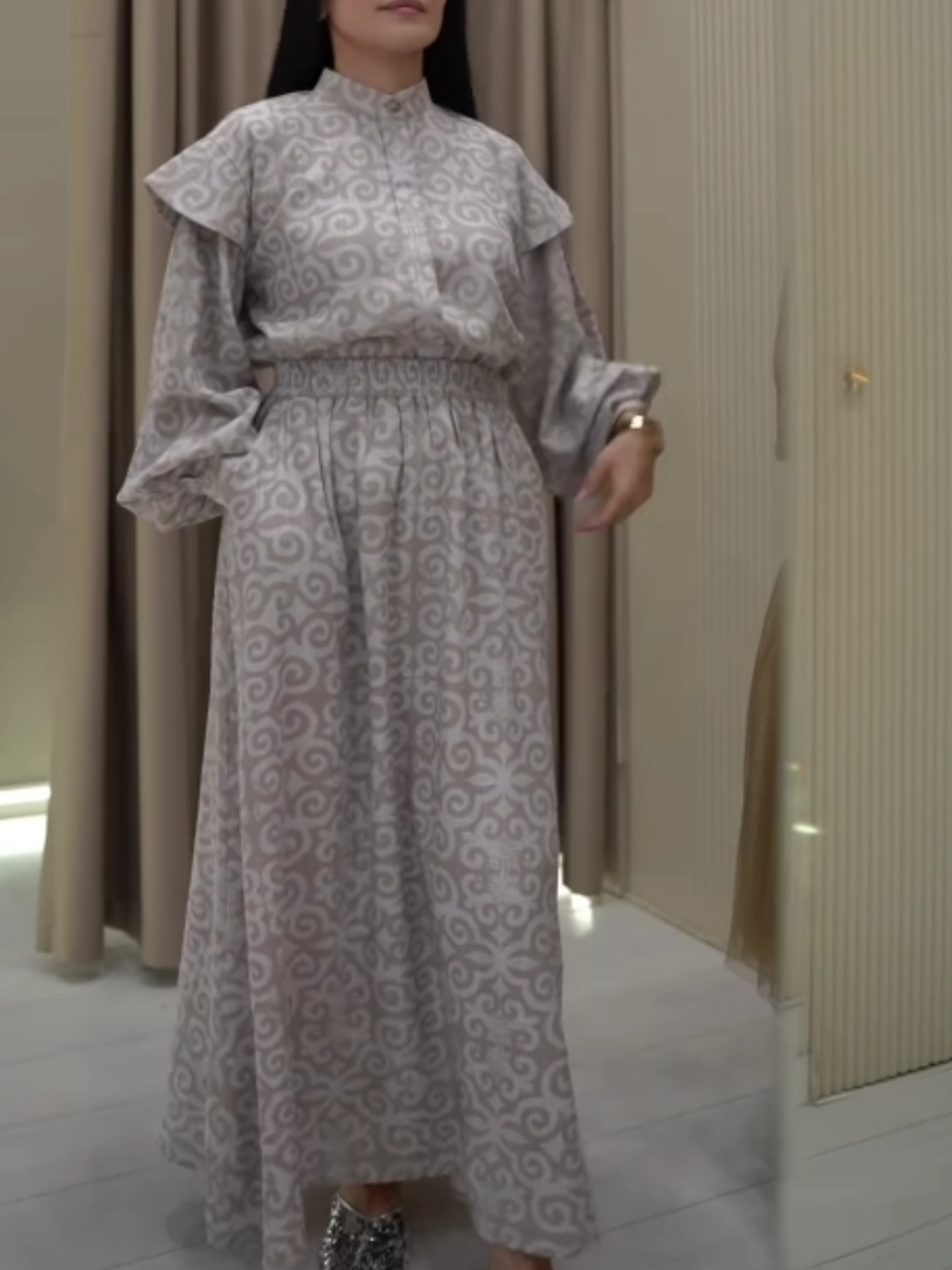 Auspicious Cloud Print Double-Layer Sleeve Skirt Set