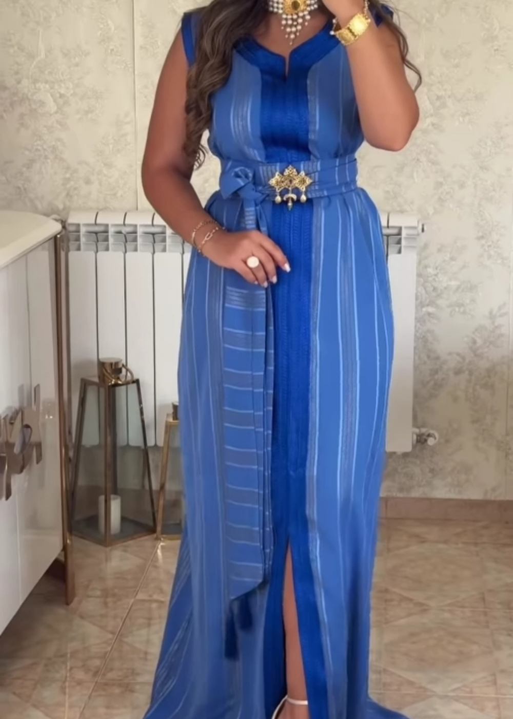 Blue Striped Sleeveless Tie-Waist Maxi Dress
