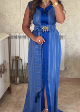 Blue Striped Sleeveless Tie-Waist Maxi Dress