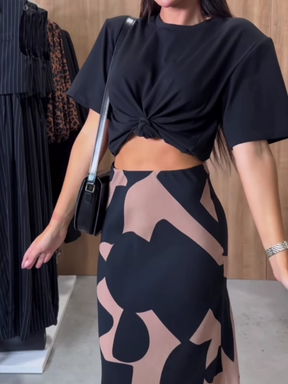 Black T-shirt and irregular printed skirt set