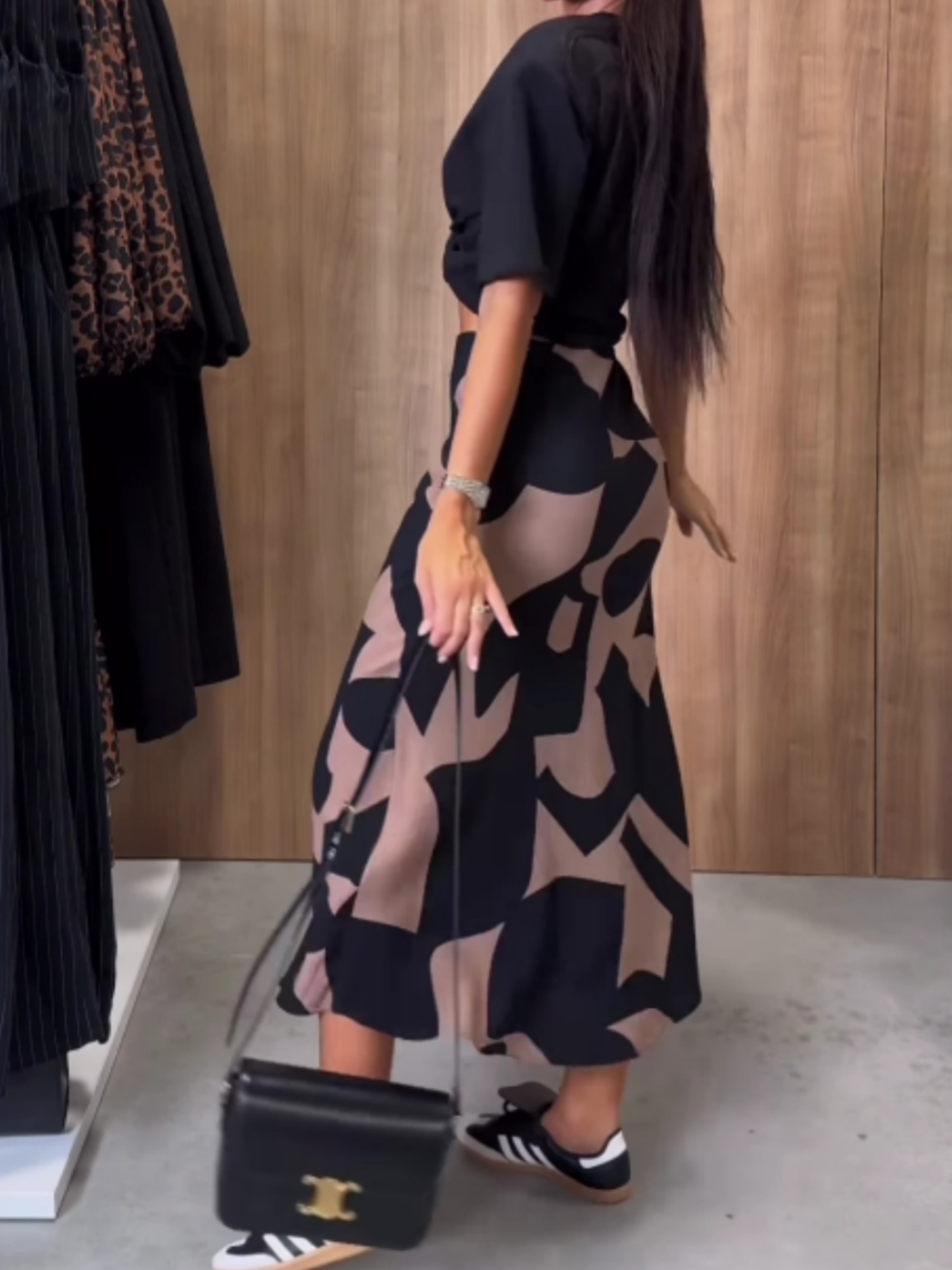 Black T-shirt and irregular printed skirt set