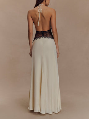 Deep V silk satin maxi dress with halterneck