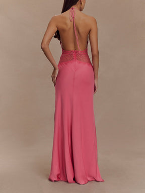 Deep V silk satin maxi dress with halterneck