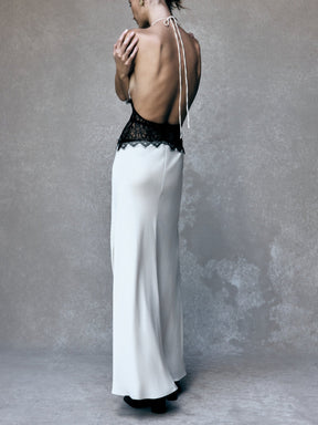 Deep V silk satin maxi dress with halterneck