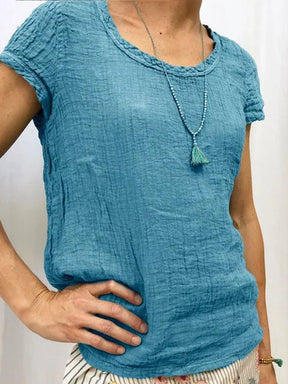 Vintag Reound Neck Cotton and Linen Casual Shirt