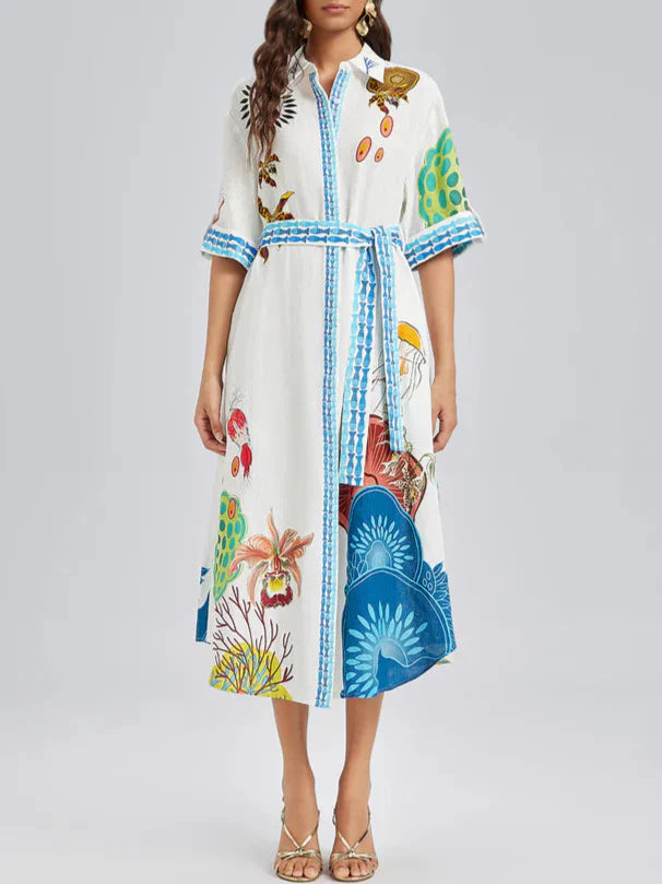 Breathable Natural Linen Printed Dress