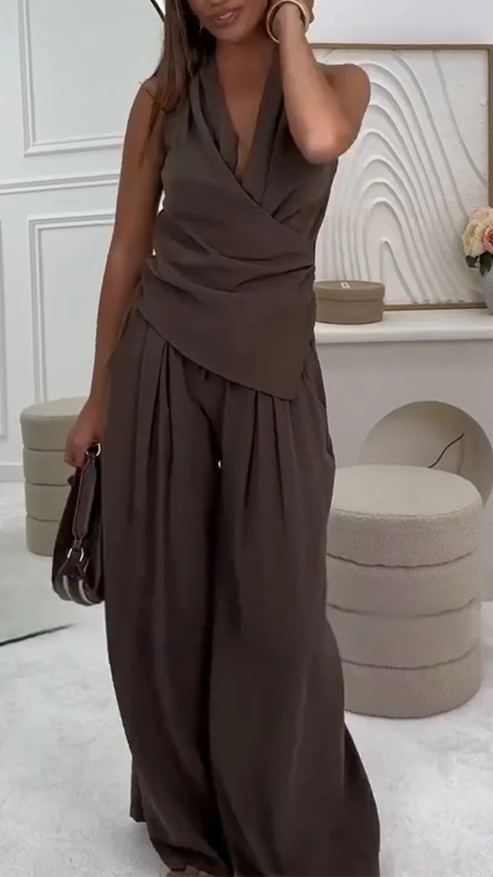 V-neck Hanging Neck Top+pants Casual Suit