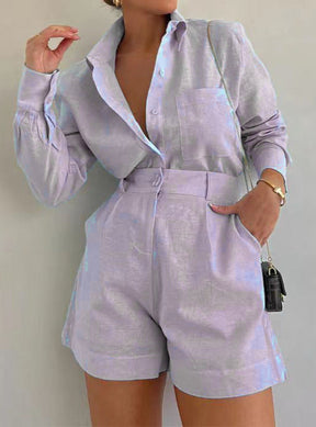 Cotton and Linen Long Sleeve Loose Shorts Set