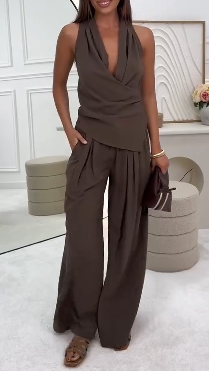 V-neck Hanging Neck Top+pants Casual Suit
