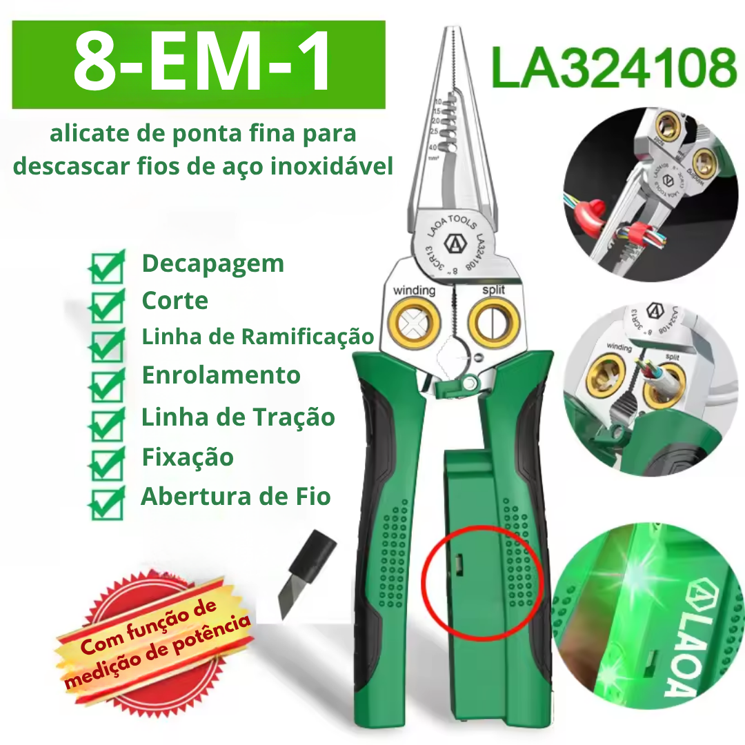[75%OFF - FRETE GRÁTIS] Alicate Ponta Fina de Aço Inoxidável 8 em 1 com Medidor Elétrico LAOA