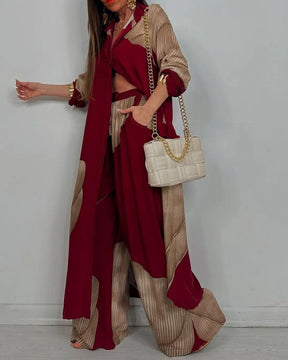 Women's V-neck Patchwork Top and Pants Casual Set