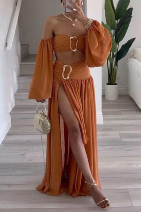 Chiffon high waist flowy asymmetric draped maxi skirt set