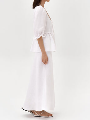 Yellow V-neck Mid-sleeve Top High Waist Skirt Linen Suit