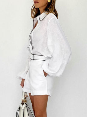 Black an White Contrast Cotton and Linen Shirt and Shorts Two-piece Set