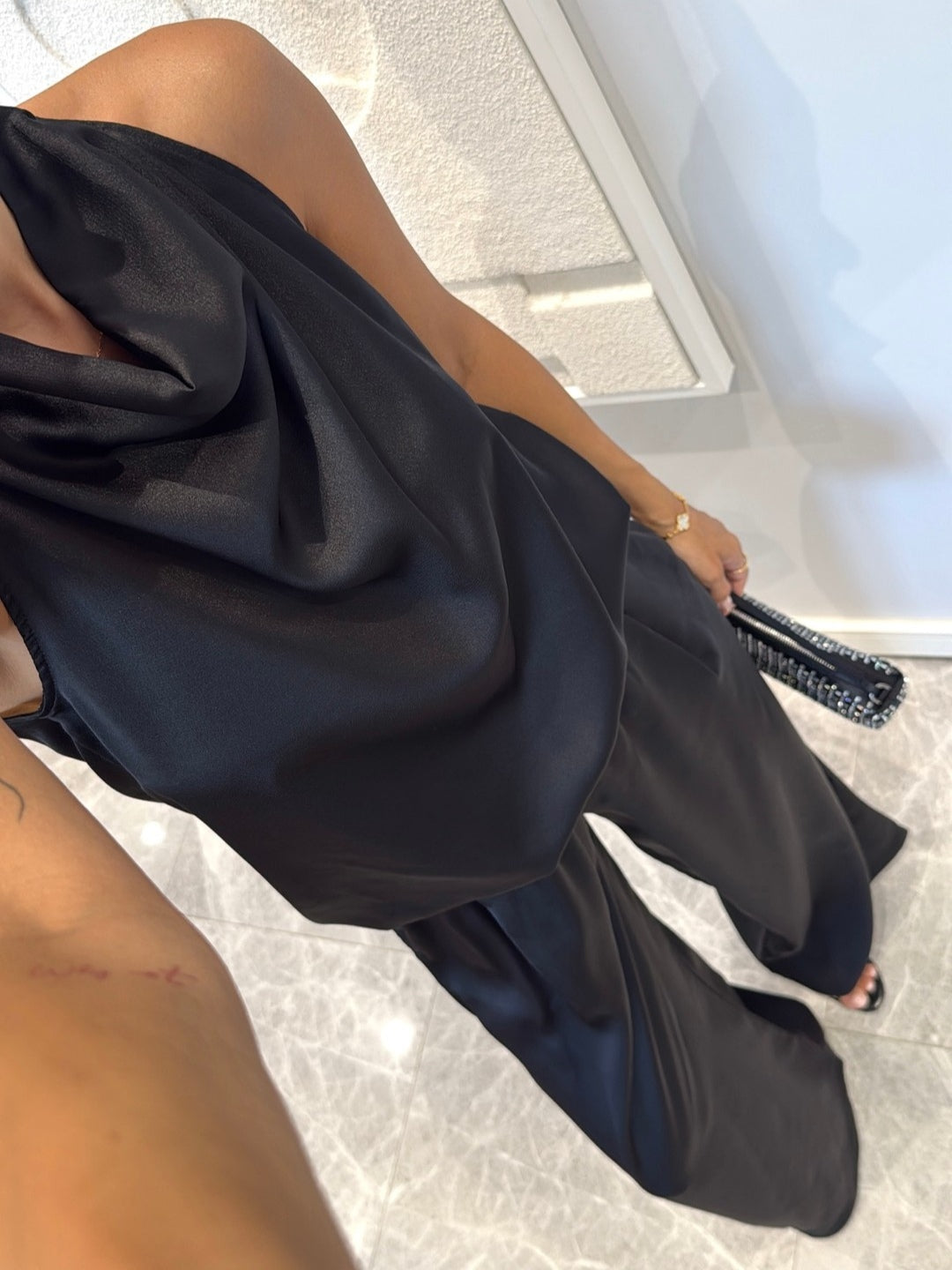 Beige Satin Draped Top and Wide Leg Pants Set