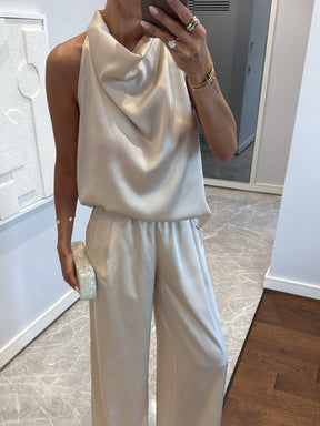 Beige Satin Draped Top and Wide Leg Pants Set