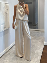 Beige Satin Draped Top and Wide Leg Pants Set