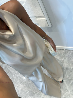Beige Satin Draped Top and Wide Leg Pants Set
