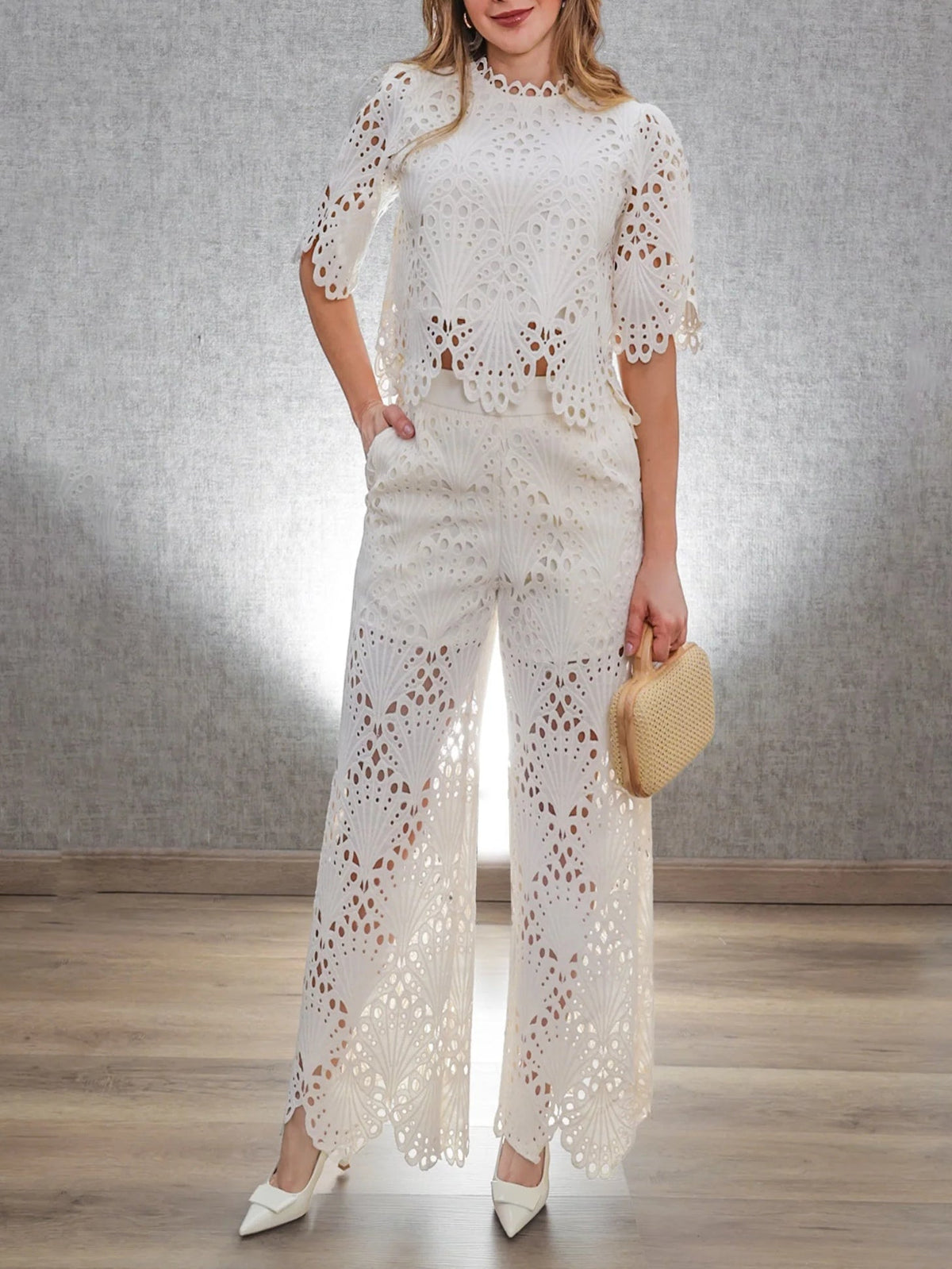 White Leaf Lace Hollow Suit