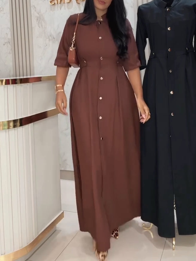 Brown Stand Collar Single-Breasted Dress