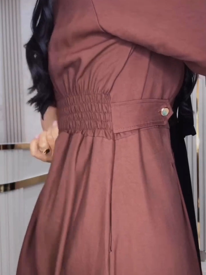 Brown Stand Collar Single-Breasted Dress