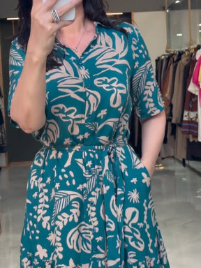 Dark Green Floral Pattern Shirt Dress