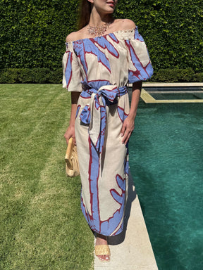 Botanical Print Off-The-Shoulder Tie-Waist Maxi Dress