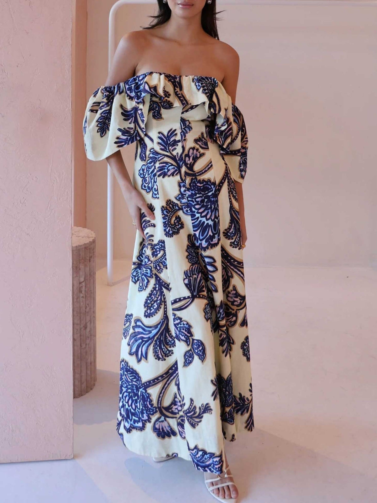 Blue Off-the-shoulder Paisley Print Maxi Dress