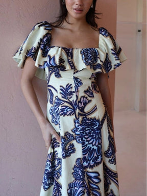 Blue Off-the-shoulder Paisley Print Maxi Dress