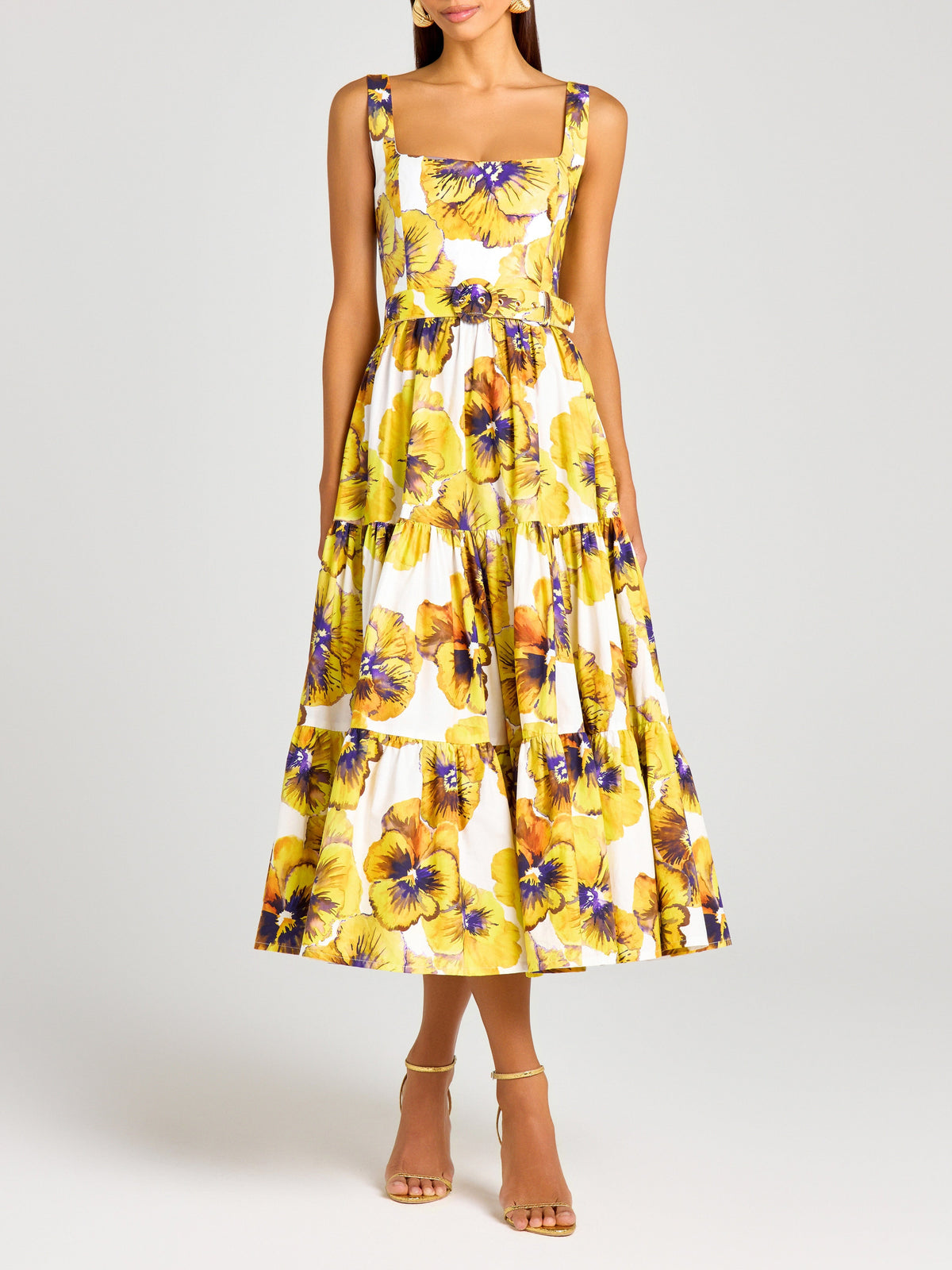 Yellow Pansy Print Square Neck Slip Midi Dress