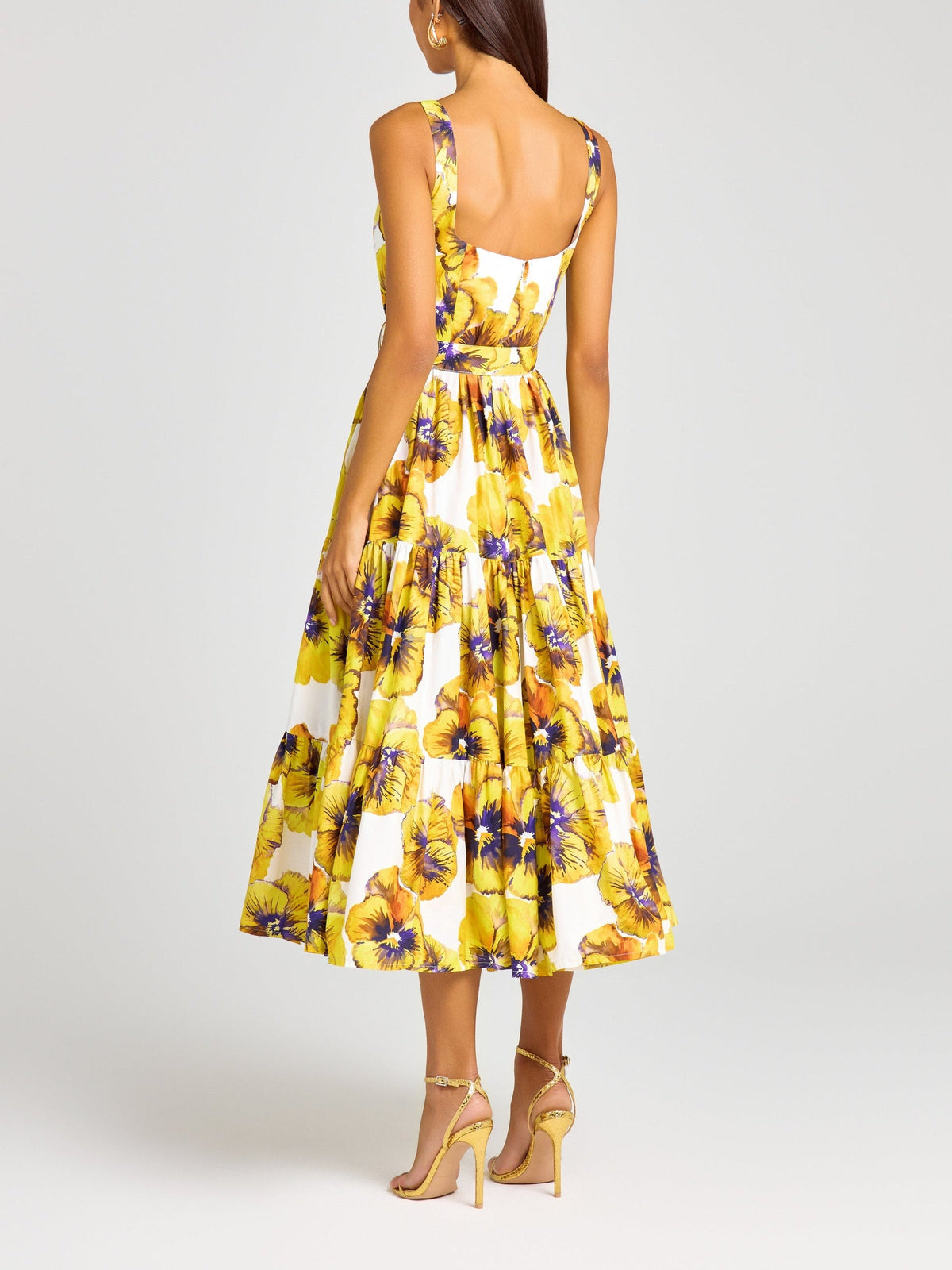 Yellow Pansy Print Square Neck Slip Midi Dress