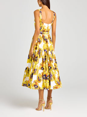 Yellow Pansy Print Square Neck Slip Midi Dress